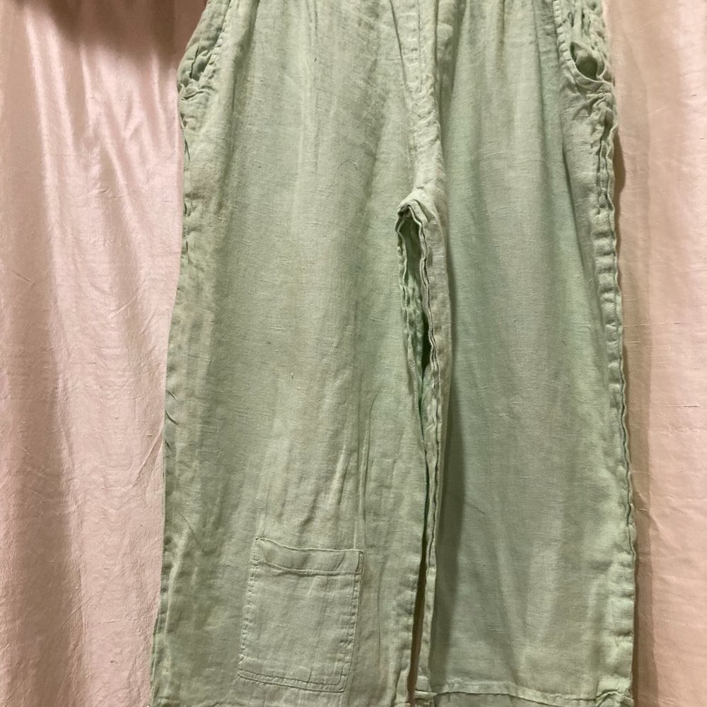 FLAX 100% Linen Pale Lime Green Pants- Medium